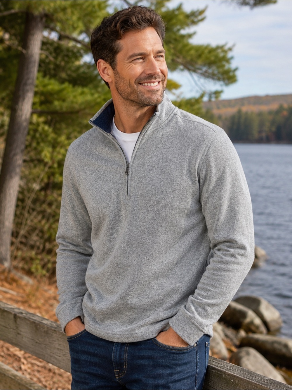 IZOD Small Heather Gray 1/4 Zip mock Neck Fleece Pullover Navy Trim quarter